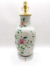 Load image into Gallery viewer, Decorative oriental vase repurposed as lamp with delicate floral handpainted pattern on a Celadon/white background on acrylic base