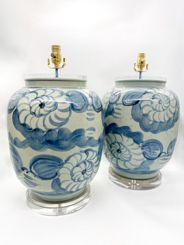 lamps, lamps store, lighting store, Dallas lampshade store, Dallas lamps, interior design Dallas, lampshade store, lampshades Dallas, blue and white ceramic, blue and white, large oriental ceramic vase, floral ceramic vase, vase lamp, urn lamp, ceramic lamp, acrylic base, blue lamp, blue brushstroke, lamp store, lighting store