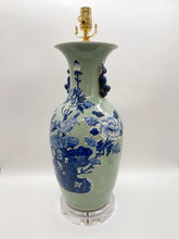 Load image into Gallery viewer, blue &amp; white, blue &amp; celadon, blue/celadon, blue, celadon, peony, peonies, pheasant, floral, vase, urn, tablelamp, vase lamp, vase with ears, vase with handles, acrylic base, chrysanthemum, oriental table lamp, chinese table lamp, ceramic table lamp, asian table lamp, ceramic urn, ceramic vase, great table lamp, grand table lamp
