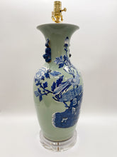 Load image into Gallery viewer, blue &amp; white, blue &amp; celadon, blue/celadon, blue, celadon, peony, peonies, pheasant, floral, vase, urn, tablelamp, vase lamp, vase with ears, vase with handles, acrylic base, chrysanthemum, oriental table lamp, chinese table lamp, ceramic table lamp, asian table lamp, ceramic urn, ceramic vase, great table lamp, grand table lamp