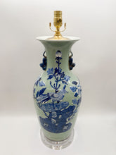 Load image into Gallery viewer, blue &amp; white, blue &amp; celadon, blue/celadon, blue, celadon, peony, peonies, pheasant, floral, vase, urn, tablelamp, vase lamp, vase with ears, vase with handles, acrylic base, chrysanthemum, oriental table lamp, chinese table lamp, ceramic table lamp, asian table lamp, ceramic urn, ceramic vase, great table lamp, grand table lamp
