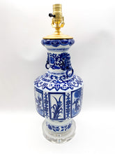 Load image into Gallery viewer, lamps, lamps store, lighting store, Dallas lampshade store, Dallas lamps, interior design Dallas, lampshade store, lampshades Dallas, mineral lamp, agate lamp, acrylic stand, acrylic base, clear acrylic, blue and white, blue &amp; white, ceramic lamp, chinese ceramic, oriental ceramic, pictorial, acrylic base
