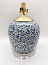 Load image into Gallery viewer, blue &amp; white vase lamp, blue and white, blue and white vase lamp, oriental vase lamp, Chinese vase lamp, Chinese ceramic lamp, ginger jar lamp, melon jar lamp, acrylic base, large ginger jar lamp, Dallas lampshades, Dallas lamp store, lampshades Dallas, lamp store Dallas
