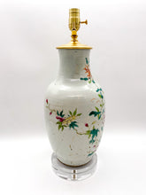 Load image into Gallery viewer, Decorative oriental vase repurposed as lamp with delicate floral handpainted pattern on a Celadon/white background on acrylic base