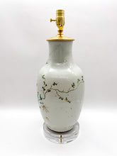 Load image into Gallery viewer, Decorative oriental vase repurposed as lamp with delicate floral handpainted pattern on a Celadon/white background on acrylic base