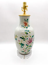 Load image into Gallery viewer, Decorative oriental vase repurposed as lamp with delicate floral handpainted pattern on a Celadon/white background on acrylic base