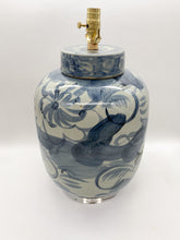Load image into Gallery viewer, large ceramic table lamp, oriental ceramic, Chinese ceramic, Dallas lamp store, large ceramic vase lamp, oriental vase lamp, heavy ceramic, heavy Chinese vase, heavy oriental ceramic, heavy oriental vase, blue and white, blue and celadon, large brushstroke, brushstroke, exaggerated brushstroke, floral, floral imagery, grandiose ceramic vase, table lamp, Dallas lampshade, Dallas lampshades, Dallas lamps, lamps Dallas 