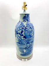 Load image into Gallery viewer, lamps, lamps store, lighting store, Dallas lampshade store, Dallas lamps, interior design Dallas, lampshade store, lampshades Dallas, blue and celadon, celadon and blue, celadon, ceramic lamp, antique chinese urn, acrylic base
