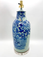 Load image into Gallery viewer, lamps, lamps store, lighting store, Dallas lampshade store, Dallas lamps, interior design Dallas, lampshade store, lampshades Dallas, blue and celadon, celadon and blue, celadon, ceramic lamp, antique chinese urn, acrylic base