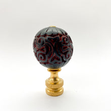 Load image into Gallery viewer, finial, finials, carved cinnebar, carved cinnabar, cinnabar, cinnebar, antique, oriental, asian, Chinese, ball finial, red &amp; black, red/black, lampshade finial, lampshade top, lampshade topper, table lamp finial