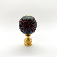 Load image into Gallery viewer, finial, finials, carved cinnebar, carved cinnabar, cinnabar, cinnebar, antique, oriental, asian, Chinese, ball finial, red &amp; black, red/black, lampshade finial, lampshade top, lampshade topper, table lamp finial