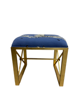 Load image into Gallery viewer, MEDALLION GOLD LEFT FACING ZEBRA BLUE UPHOLSTERED BENCH