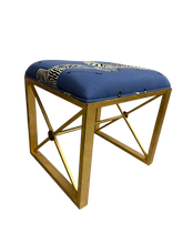 Load image into Gallery viewer, MEDALLION GOLD LEFT FACING ZEBRA BLUE UPHOLSTERED BENCH