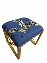 Load image into Gallery viewer, MEDALLION GOLD LEFT FACING ZEBRA BLUE UPHOLSTERED BENCH