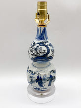 Load image into Gallery viewer, blue &amp; white, blue/white, blue and white, ceramic, ceramic vase, ceramic lamp, double gourd, acrylic base, Chinese ceramic, asian ceramic, ceramic table lamp