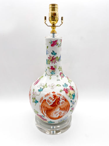 Decorative vase lamp with floral and traditional mythical creatures designed on a long neck light celadon single gourd shape ceramic vase