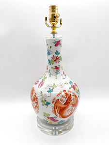 Decorative vase lamp with floral and traditional mythical creatures designed on a long neck light celadon single gourd shape ceramic vase
