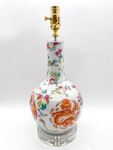 Load image into Gallery viewer, Decorative vase lamp with floral and traditional mythical creatures designed on a long neck light celadon single gourd shape ceramic vase
