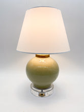 Load image into Gallery viewer, ceramic lamp, small ceramic lamp, petit ceramic lamp, crackle glaze ceramic, craquelure, melon shaped lamp, sphere lamp, spherical lamp, acrylic base, light green, dijon, Dallas lamp store, Dallas lampshade store, Dallas lighting store