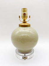 Load image into Gallery viewer, ceramic lamp, small ceramic lamp, petit ceramic lamp, crackle glaze ceramic, craquelure, melon shaped lamp, sphere lamp, spherical lamp, acrylic base, light green, dijon, Dallas lamp store, Dallas lampshade store, Dallas lighting store
