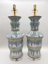 Load image into Gallery viewer, ceramic lamp, ceramic vase, canyon, paul schneider, blue and green, green and blue, drip glaze, acrylic base, melt glaze, melted, melting, rosemary green, cornflower blue
