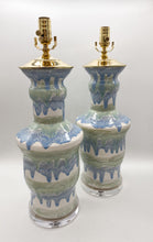 Load image into Gallery viewer, ceramic lamp, ceramic vase, canyon, paul schneider, blue and green, green and blue, drip glaze, acrylic base, melt glaze, melted, melting, rosemary green, cornflower blue