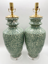 Load image into Gallery viewer, ceramic lamp, ceramic vase lamp, dotted, spotted, speckled, pointilist, pointillism, green, light green, dark green, dappled, marathon, acrylic base
