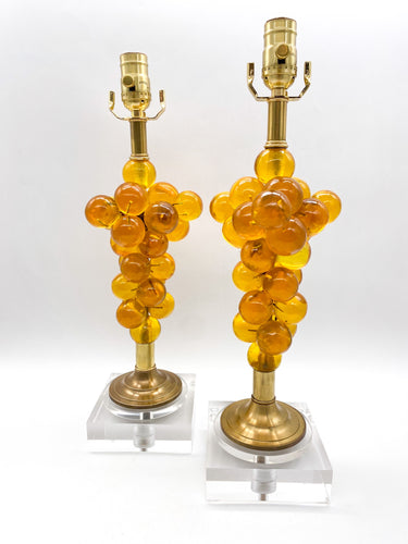 Pair of Vintage Grape Cluster Lamps, Yellow/Gold, ~26