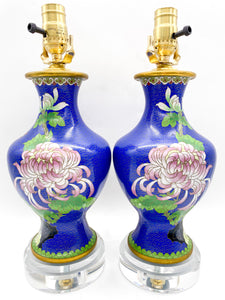 Pair of Royal Blue Floral Cloisonne Vases Lamps