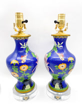 Load image into Gallery viewer, Pair of Royal Blue Floral Cloisonne Vases Lamps