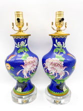 Load image into Gallery viewer, Pair of Royal Blue Floral Cloisonne Vases Lamps