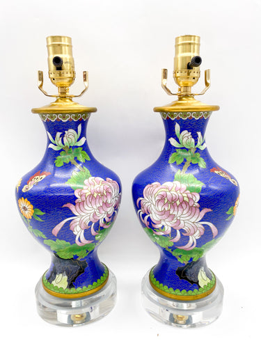 Pair of Royal Blue Floral Cloisonne Vases Lamps