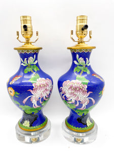Pair of Royal Blue Floral Cloisonne Vases Lamps