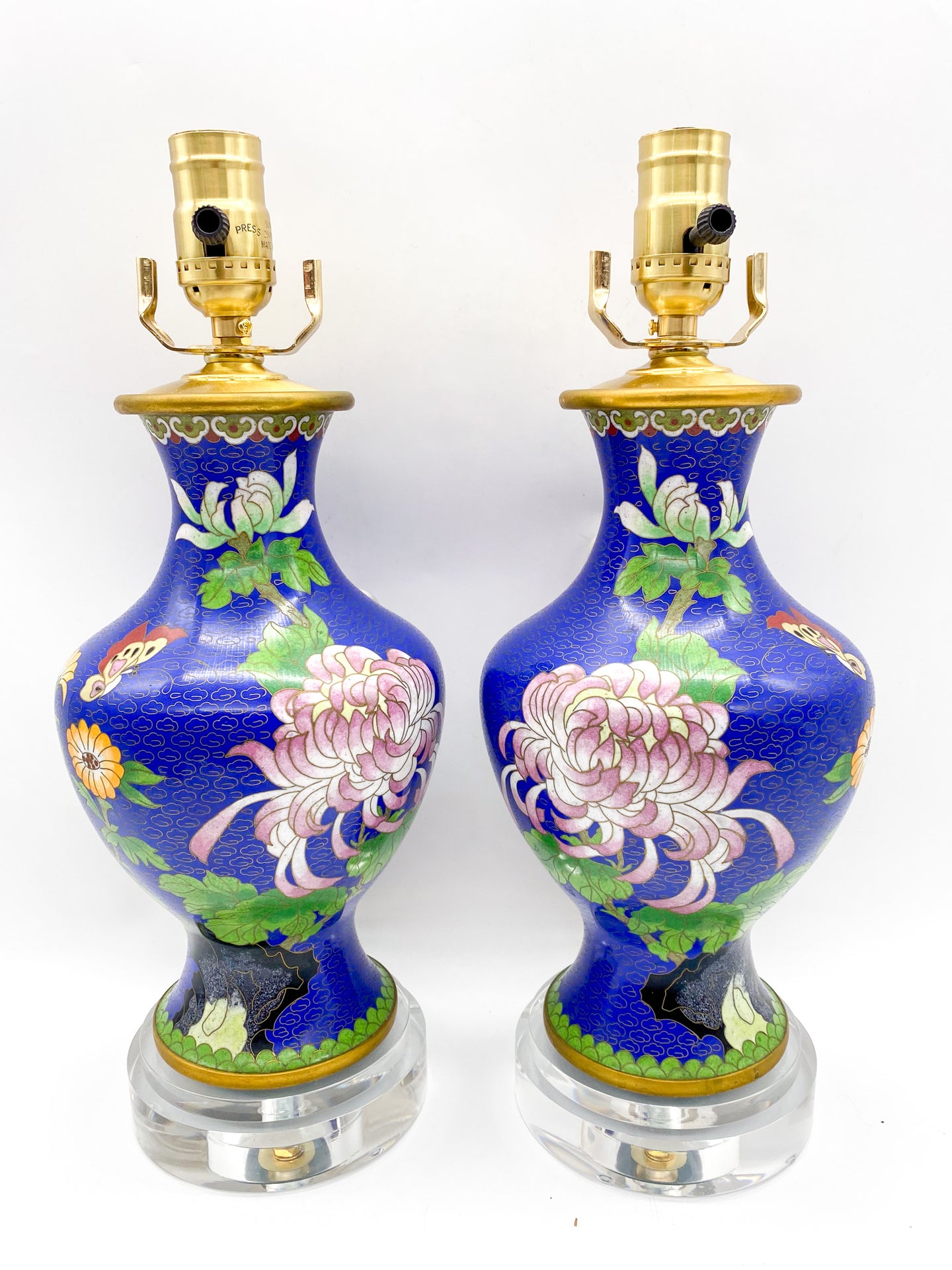 Pair of Royal Blue Floral Cloisonne Vases Lamps