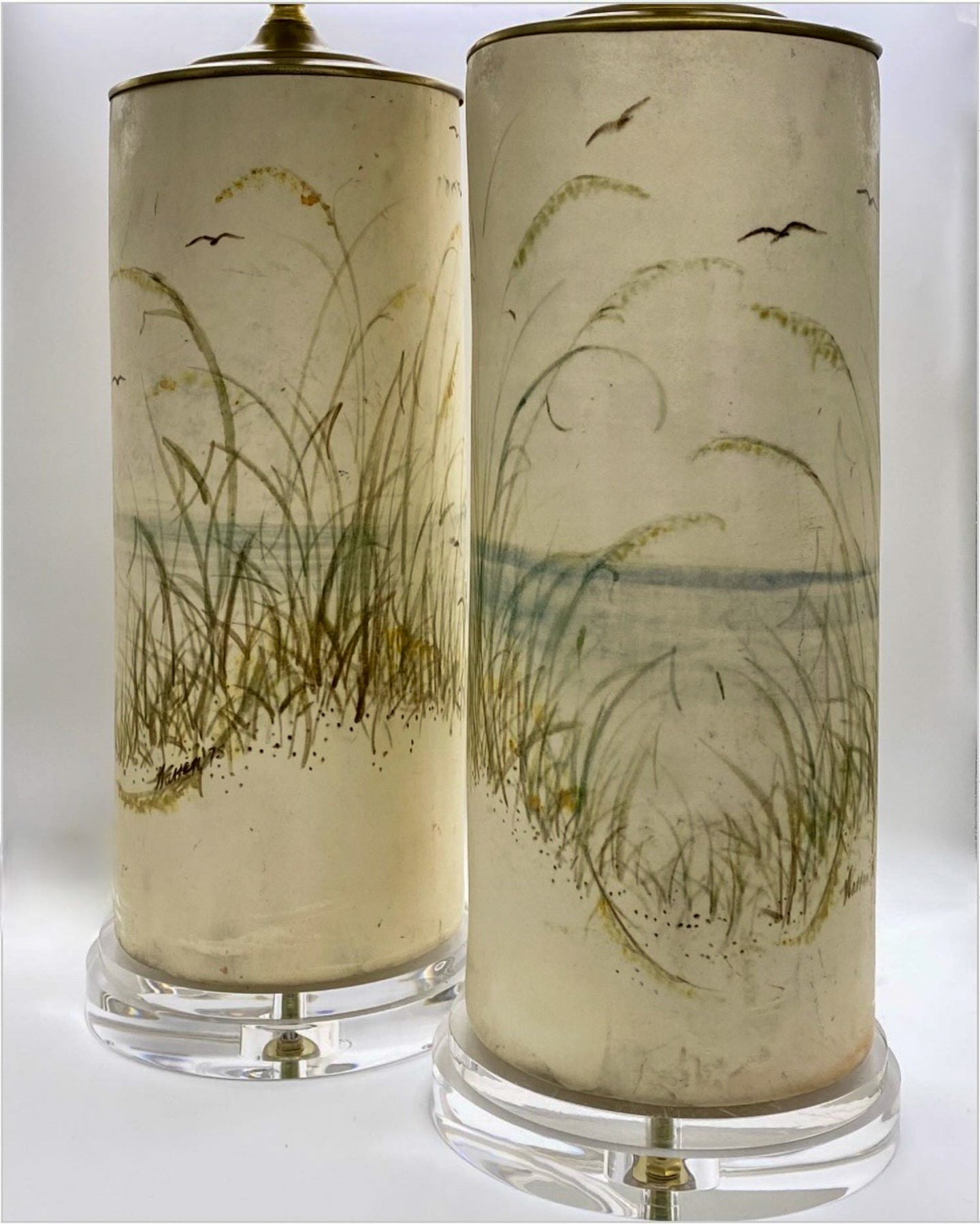 Pair of Pottery Lamps from Florida, Handpainted with Sea Oats and Sea Gulls 1978