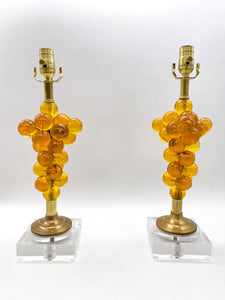 Pair of Vintage Grape Cluster Lamps, Yellow/Gold, ~26" overall height