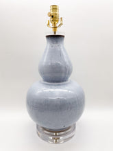 Load image into Gallery viewer, ceramic lamp, ceramic vase lamp, double gourd shape, blue vase lamp, pale blue vase, pale blue vase lamp, faded blue, faded blue vase lamp, acrylic base, pale blue, Dallas lamp store, Dallas lampshade, Dallas lampshade store