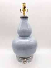 Load image into Gallery viewer, ceramic lamp, ceramic vase lamp, double gourd shape, blue vase lamp, pale blue vase, pale blue vase lamp, faded blue, faded blue vase lamp, acrylic base, pale blue, Dallas lamp store, Dallas lampshade, Dallas lampshade store
