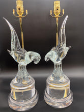Load image into Gallery viewer, Murano, Italian, Murano glass, crystal glass, parrot, parrots, bird, birds, crystal birds, art glass, glass art, acrylic base, acrylic stand, clear acrylic, Dallas lamp store, Dallas lampshade store, Dallas lamps and lighting, lampshades Dallas, Dallas lampshades, pair of birds, pair of lamps