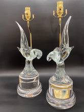 Load image into Gallery viewer, Murano, Italian, Murano glass, crystal glass, parrot, parrots, bird, birds, crystal birds, art glass, glass art, acrylic base, acrylic stand, clear acrylic, Dallas lamp store, Dallas lampshade store, Dallas lamps and lighting, lampshades Dallas, Dallas lampshades, pair of birds, pair of lamps