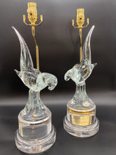 Load image into Gallery viewer, Murano, Italian, Murano glass, crystal glass, parrot, parrots, bird, birds, crystal birds, art glass, glass art, acrylic base, acrylic stand, clear acrylic, Dallas lamp store, Dallas lampshade store, Dallas lamps and lighting, lampshades Dallas, Dallas lampshades, pair of birds, pair of lamps