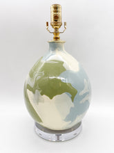 Load image into Gallery viewer, gourd lamp, ceramic lamp, single gourd, gourd shape, grey and green, green and grey, light blue and green, green and light blue, olive drab, blue drab, acrylic base, glossy, ceramic, glaze, glazed