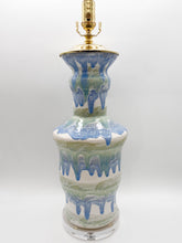 Load image into Gallery viewer, ceramic lamp, ceramic vase, canyon, paul schneider, blue and green, green and blue, drip glaze, acrylic base, melt glaze, melted, melting, rosemary green, cornflower blue