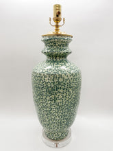 Load image into Gallery viewer, ceramic lamp, ceramic vase lamp, dotted, spotted, speckled, pointilist, pointillism, green, light green, dark green, dappled, marathon, acrylic base