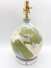Load image into Gallery viewer, gourd lamp, ceramic lamp, single gourd, gourd shape, grey and green, green and grey, light blue and green, green and light blue, olive drab, blue drab, acrylic base, glossy, ceramic, glaze, glazed