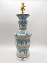 Load image into Gallery viewer, ceramic lamp, ceramic vase, canyon, paul schneider, blue and green, green and blue, drip glaze, acrylic base, melt glaze, melted, melting, rosemary green, cornflower blue