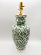 Load image into Gallery viewer, ceramic lamp, ceramic vase lamp, dotted, spotted, speckled, pointilist, pointillism, green, light green, dark green, dappled, marathon, acrylic base