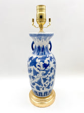 Load image into Gallery viewer, Petit Blue &amp; White Craquelur Vase w/ Gold Leaf Base Lamp