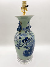 Load image into Gallery viewer, Pheasant in Peony Garden Blue/Celadon Fishtail Vase Lamp -17.5" height to harp saddle