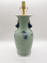 Load image into Gallery viewer, Pheasant in Peony Garden Blue/Celadon Fishtail Vase Lamp -17.5" height to harp saddle